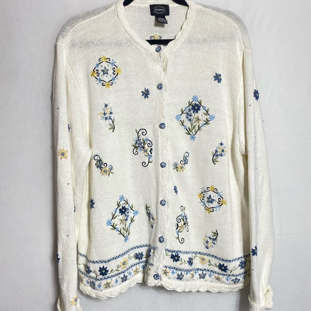 Cream and Blue Vintage-Inspired Cardigan SweaterXL